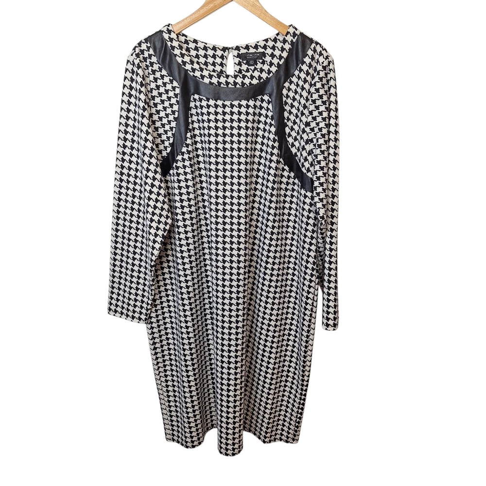 Spense Woman Size 20W Houndstooth Shift Dress Black White Faux Leather Trim